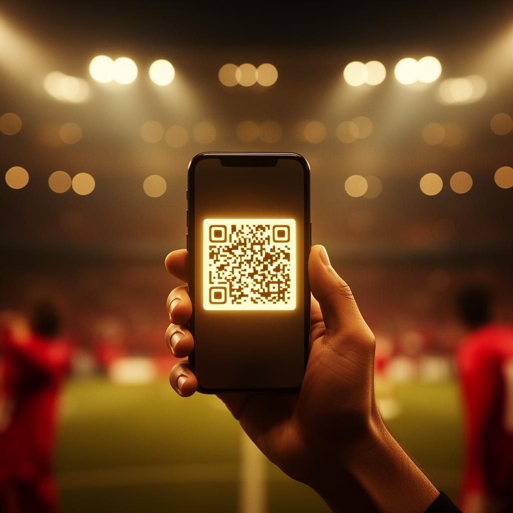 Fan scanning a glowing STAYDIUM QR code on a smartphone inside a stadium